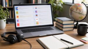 AI translation tool workspace with laptop and reference books