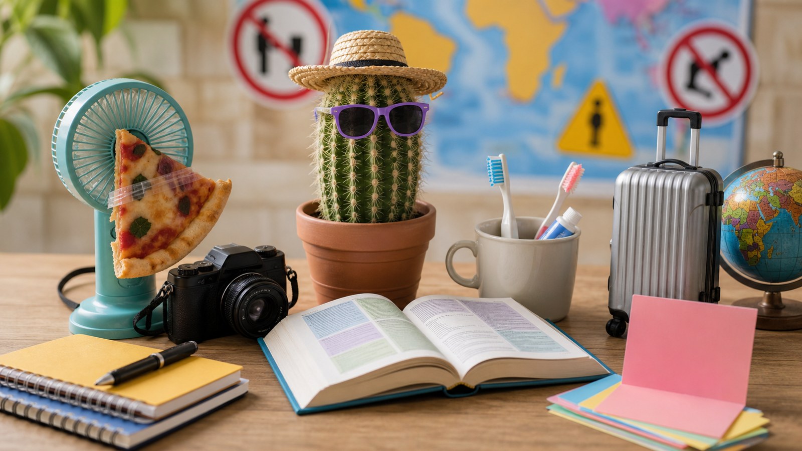 Playful travel-study table with absurd objects and symbolic signs