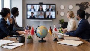 International business meeting with globe and video call screen