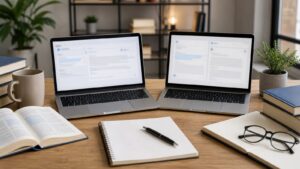 Side-by-side neutral translator comparison on two blurred laptops