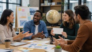 Collaborative team using visuals to overcome language barriers
