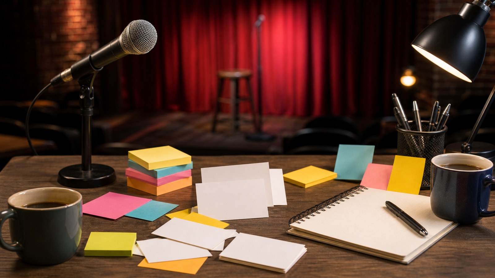 Translator comedy writing desk with microphone and blank joke cards