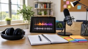 Beginner listening lab desk with headphones, notebook, microphone, and abstract audio shapes