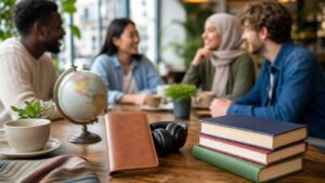 International cafe scene with language books and friends
