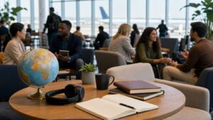 International coworking lounge with globe and travelers