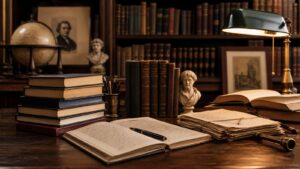 Literary archive desk with classic books and manuscript pages