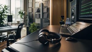 Professional listening lab with headphones, audio equipment, and sound wave displays
