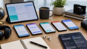 Desk comparing translation apps across several blurred devices
