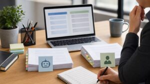 Office decision scene comparing machine translation and human translation workflows