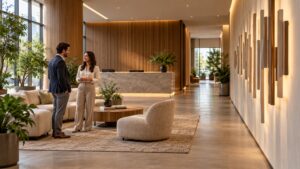 Visitors in a welcoming business reception beside an edge-on illuminated dimensional wall display