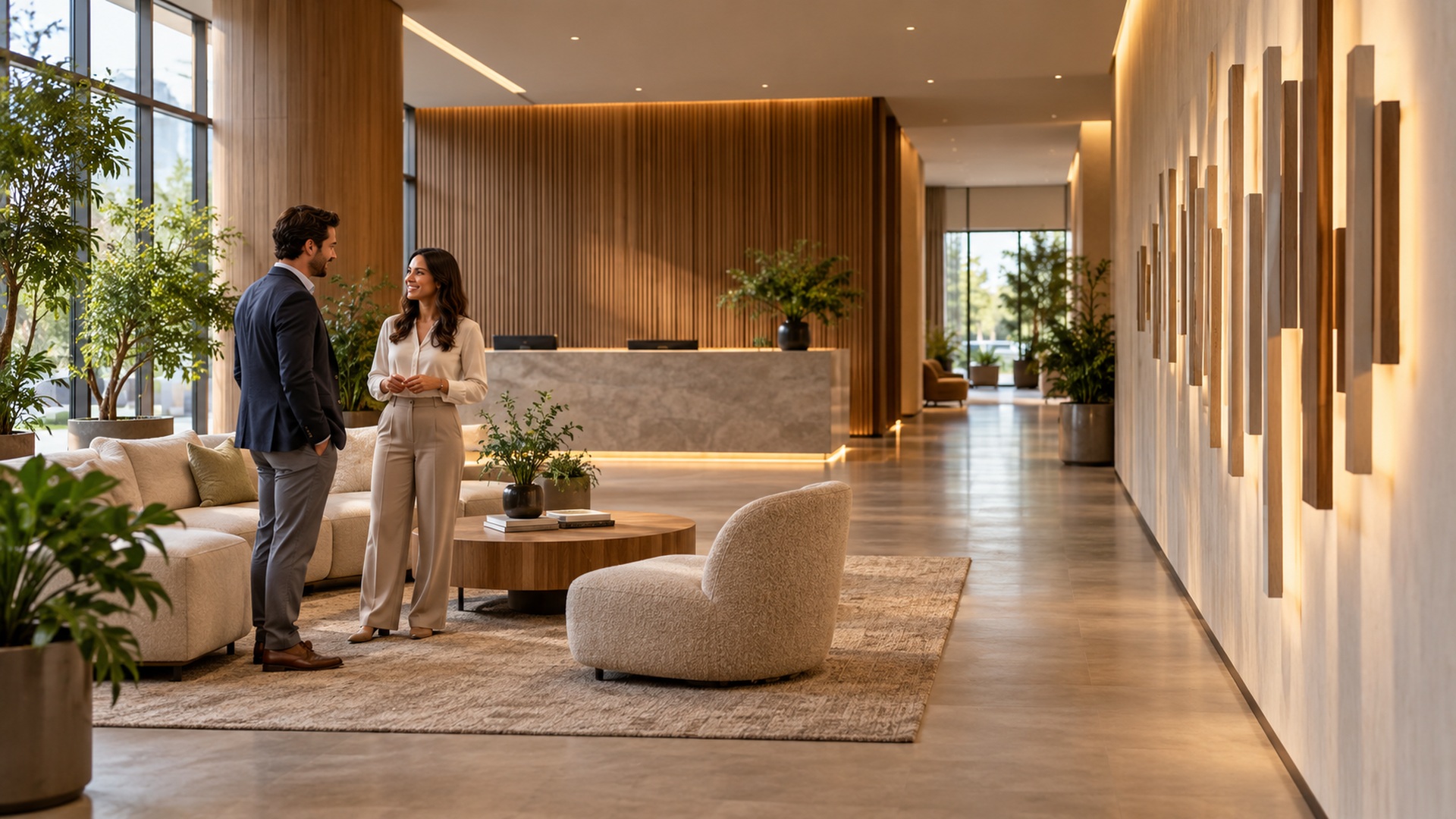 Visitors in a welcoming business reception beside an edge-on illuminated dimensional wall display