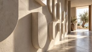 Cropped dimensional wall forms casting long shadows in a contemporary corridor