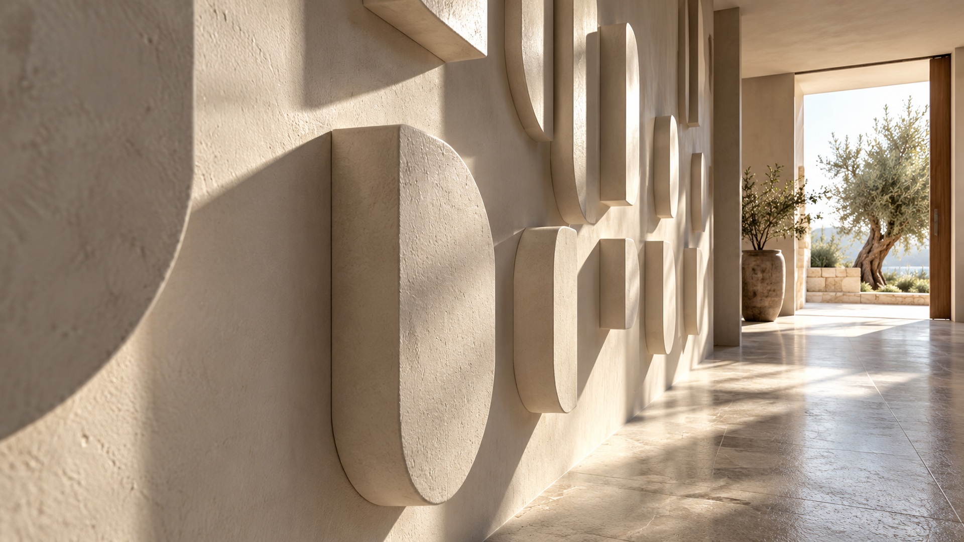 Cropped dimensional wall forms casting long shadows in a contemporary corridor