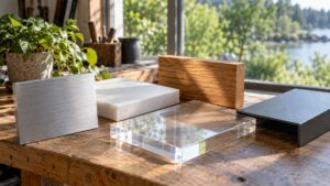 Unmarked foam, metal, acrylic, and wood material samples on a workshop table