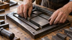 Worker arranging blank-sided metal spacing blocks in a letterpress chase