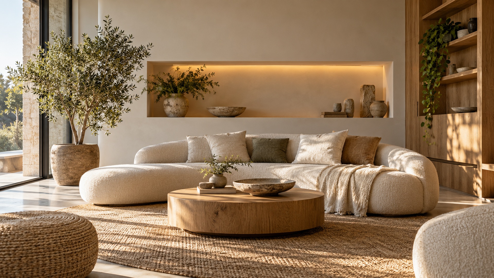 Contemporary living room with an oak shelf, cream sofa, and softly lit wall recess