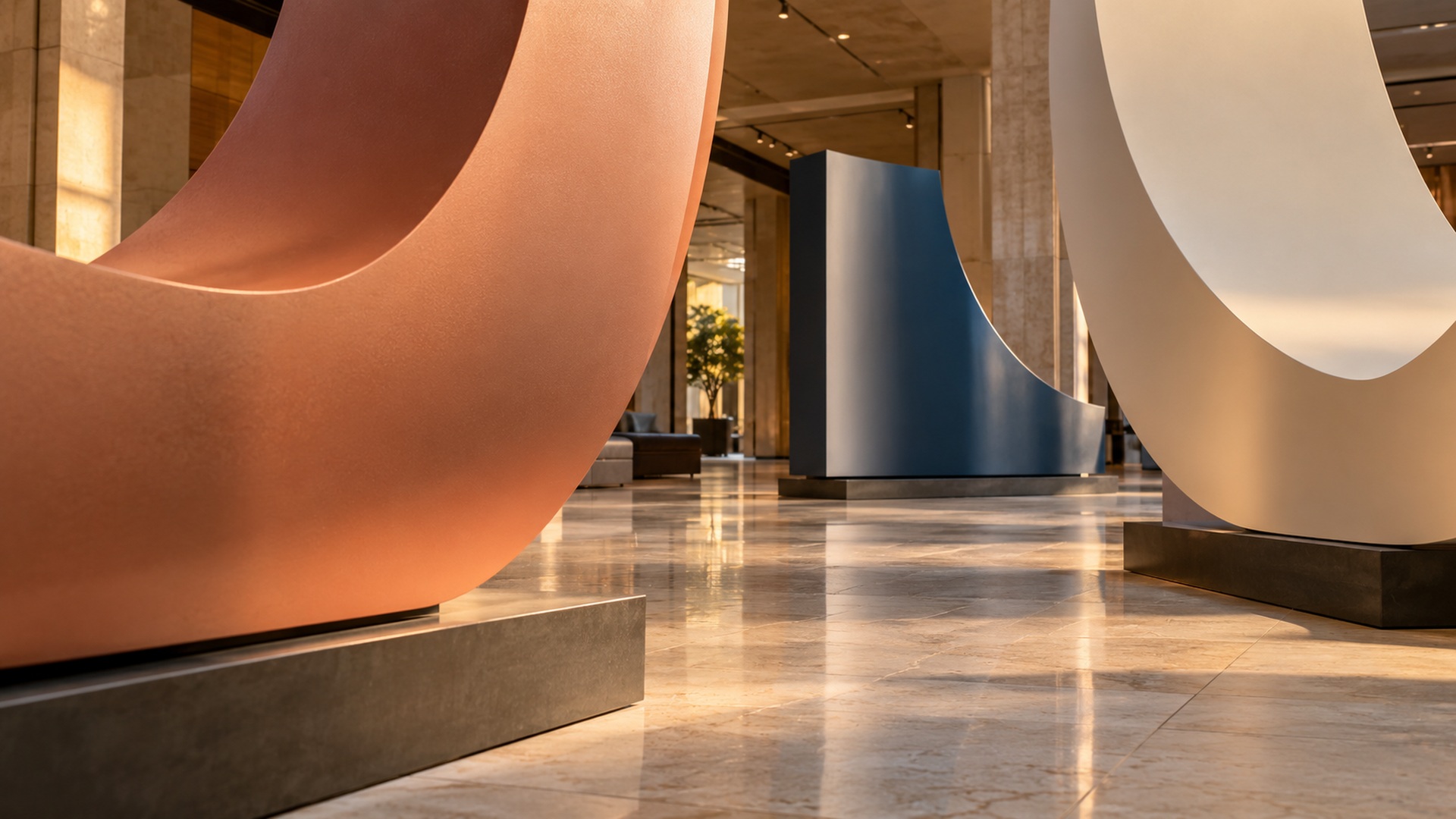 Cropped dimensional display components on discreet plinths in a warmly lit exhibition hall