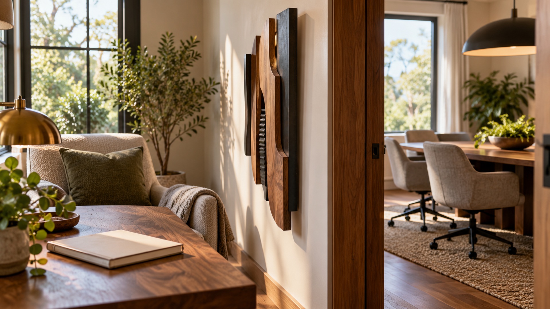 Warm home studio nook with a dimensional wood-and-metal wall feature viewed from the side