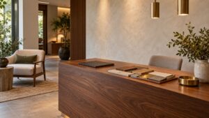 Walnut reception desk with brass and wood finish samples in a welcoming business interior