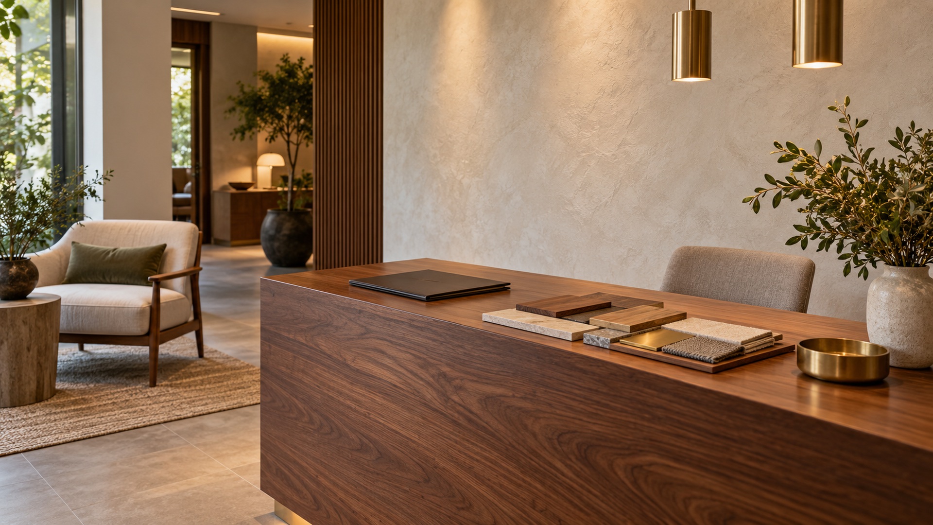 Walnut reception desk with brass and wood finish samples in a welcoming business interior