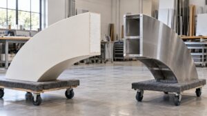 Coated foam and hollow metal display components resting on padded workshop dollies