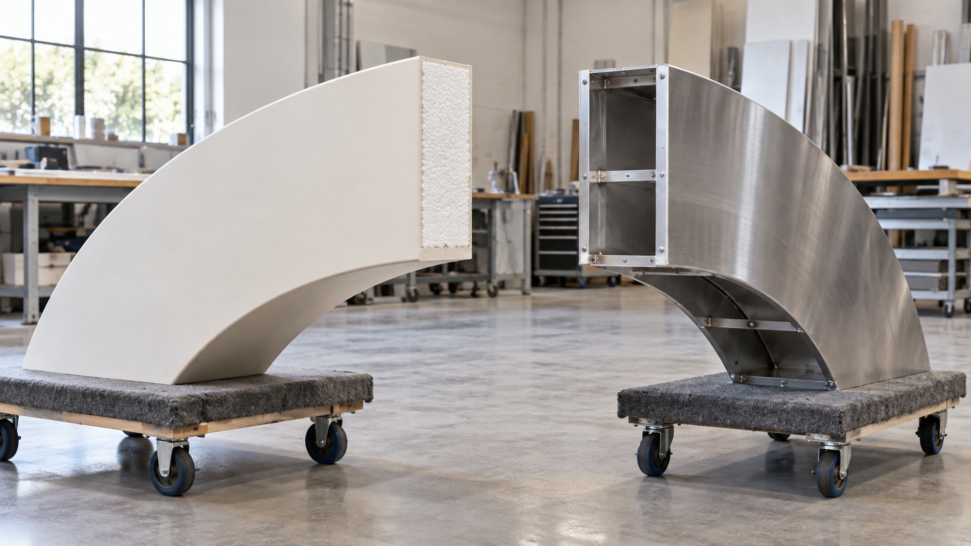 Coated foam and hollow metal display components resting on padded workshop dollies