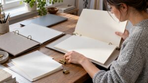 Designer reviewing blank sample binders and paper proofs on a wooden studio desk