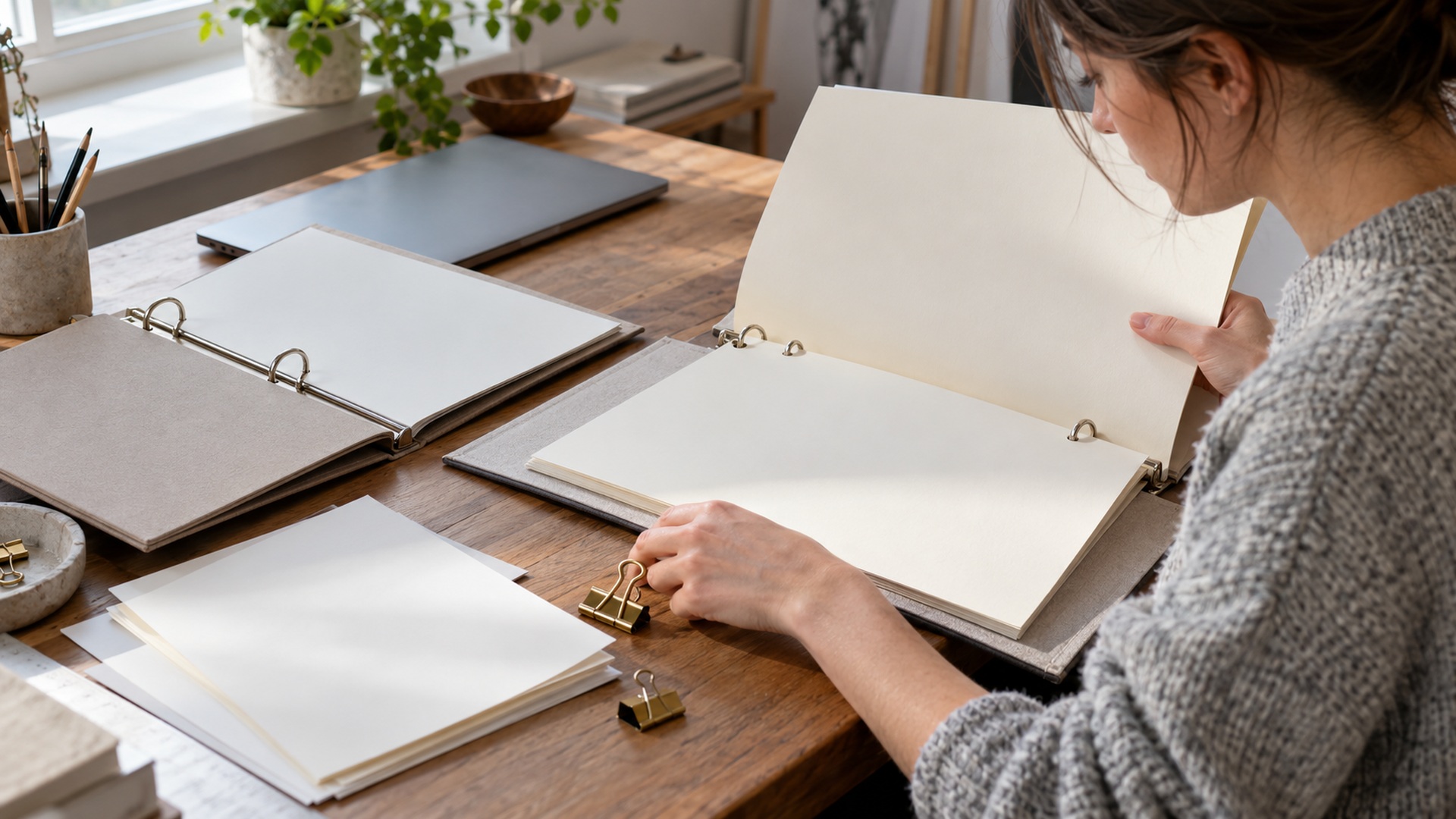 Designer reviewing blank sample binders and paper proofs on a wooden studio desk