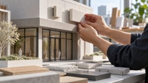 Designer testing dimensional sign components on a physical building-entrance model