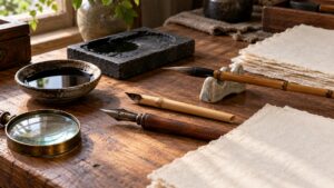 Traditional brush, reed pen, dip nib, ink stone, and magnifying glass on a wooden workbench