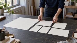 Designer arranging blank paper panels of different sizes on a studio table