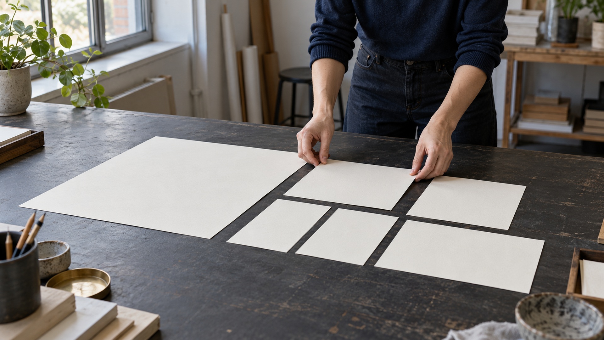 Designer arranging blank paper panels of different sizes on a studio table