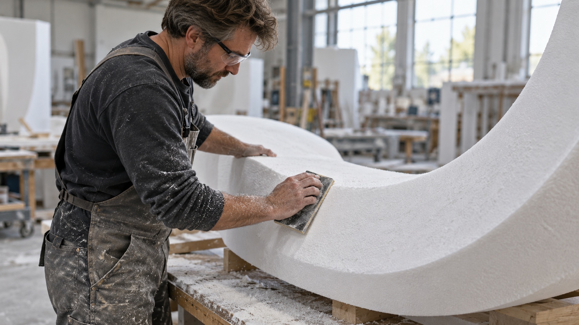 Craftsperson finishing a large curved foam component in an illustrative sculpture workshop