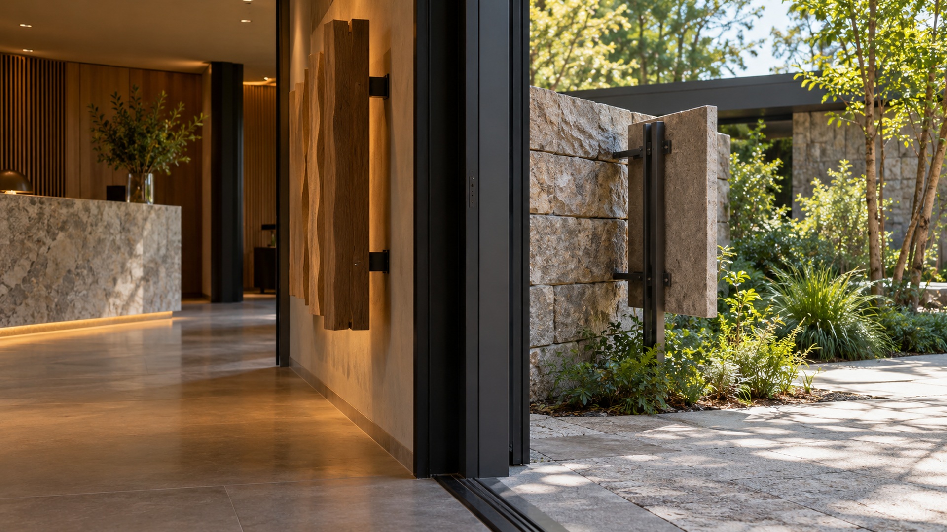 Building threshold linking a sheltered reception area with an open courtyard and unmarked sign mounting