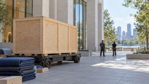 Installation professionals beside a large wooden transport crate in a civic courtyard