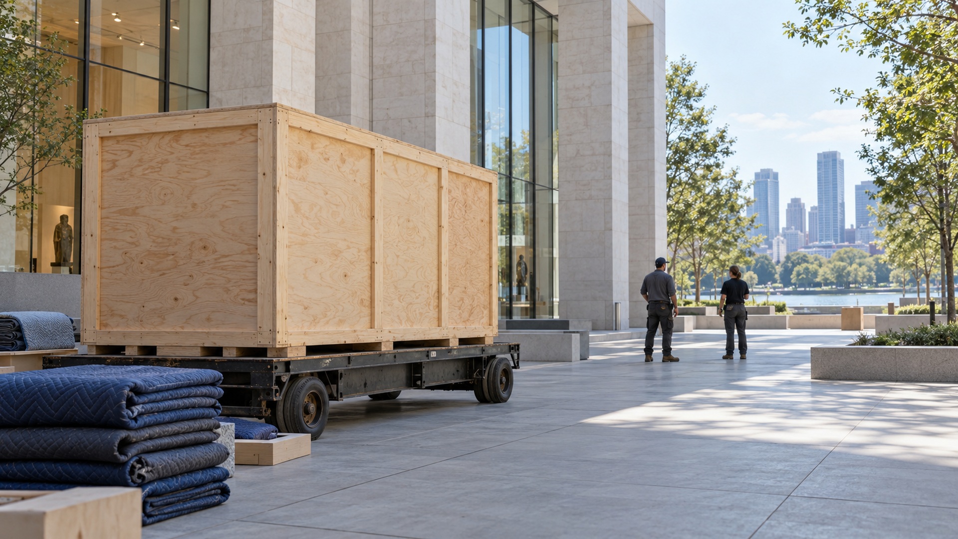 Installation professionals beside a large wooden transport crate in a civic courtyard