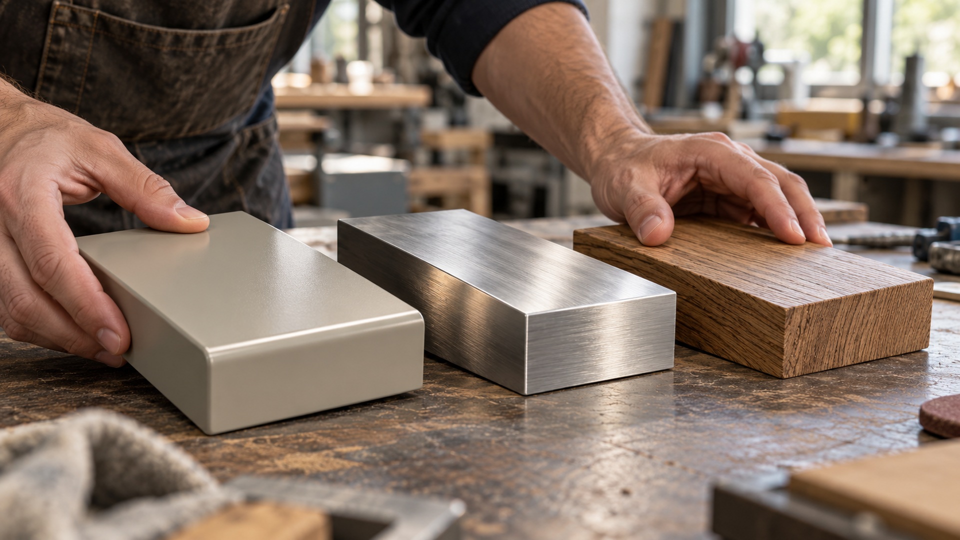 Hands reviewing painted, brushed-metal, and textured-wood finish samples