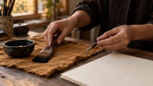 Hands choosing between a broad brush and a pointed pen beside blank paper and an ink bowl