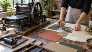 Antique letterpress beside hands arranging blank paper and a botanical photograph