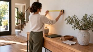 Interior designer measuring wall space above a wooden entryway console