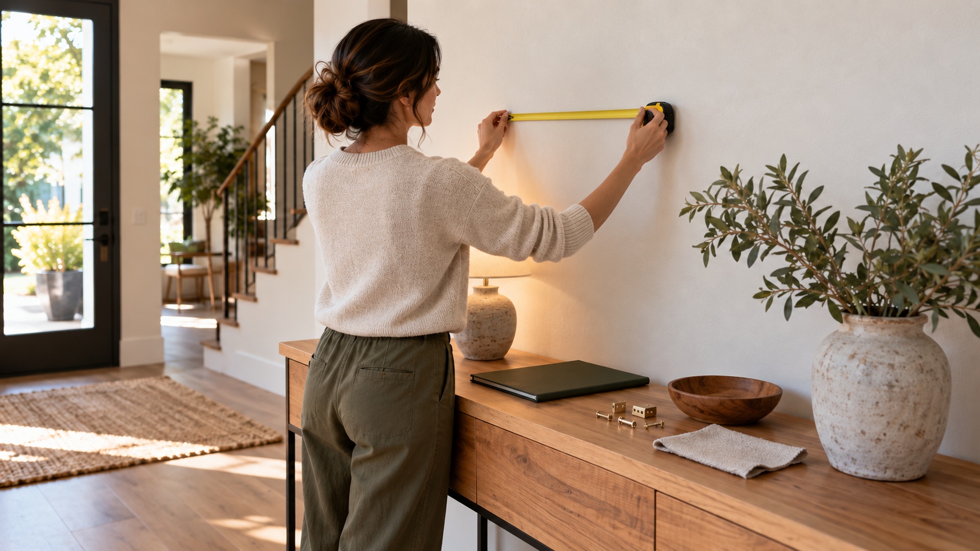Interior designer measuring wall space above a wooden entryway console